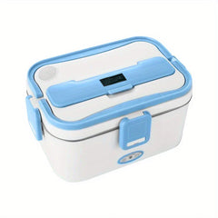 Calentador de alimentos: fiambrera eléctrica rectangular blanca con asa de tapa azul, pestillos laterales azules y botón de control frontal.