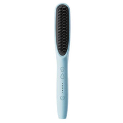 Straightening Comb Brush - Light blue heated styling brush with control buttons and bristle head, front view against white background
