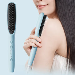 Straightening Comb Brush - Person using light blue heated styling tool to smooth long dark hair, with full product shown to the left
