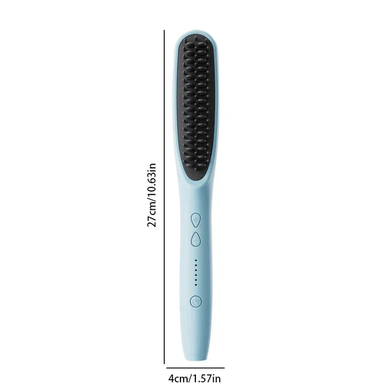 Straightening Comb Brush - Straightening brush with light blue handle, dimension labels showing 27cm length and 4cm width.