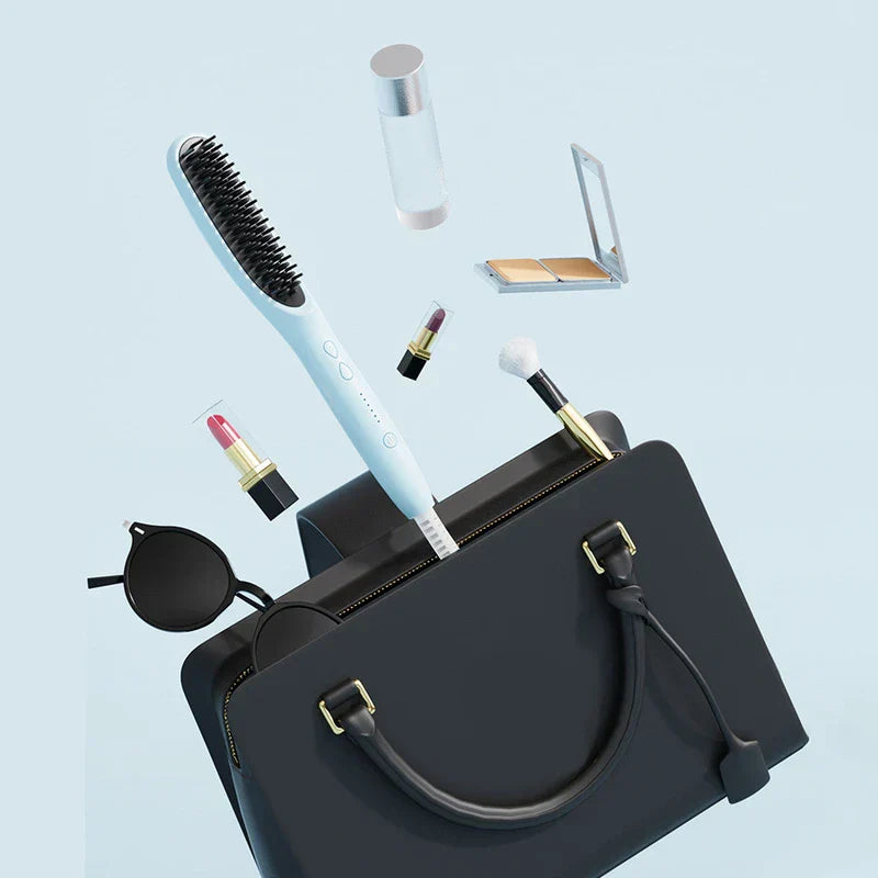 Straightening Comb Brush - Light blue straightening brush positioned with makeup items and a black handbag.