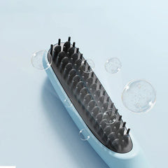 Straightening Comb Brush - Close-up of a light blue hair styling brush head with transparent floating bubbles against a pale blue background.