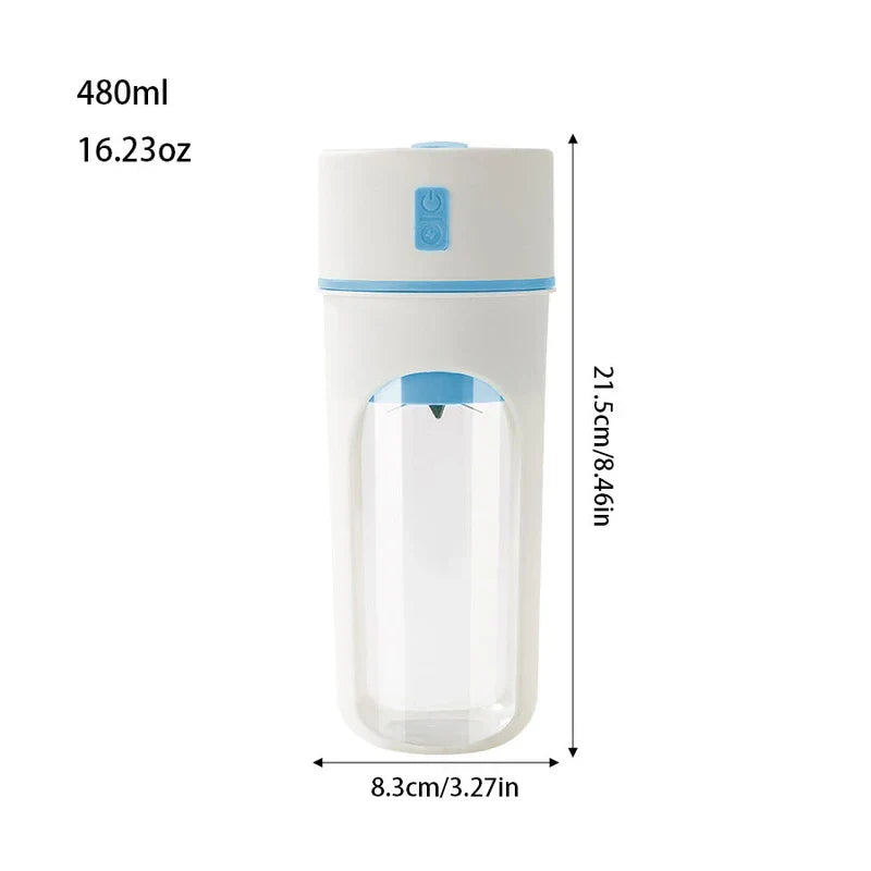 Juicer Extractor Machine - White and blue portable blender with capacity and dimension labels against a white background.