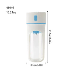Juicer Extractor Machine - White and blue portable blender with capacity and dimension labels against a white background.