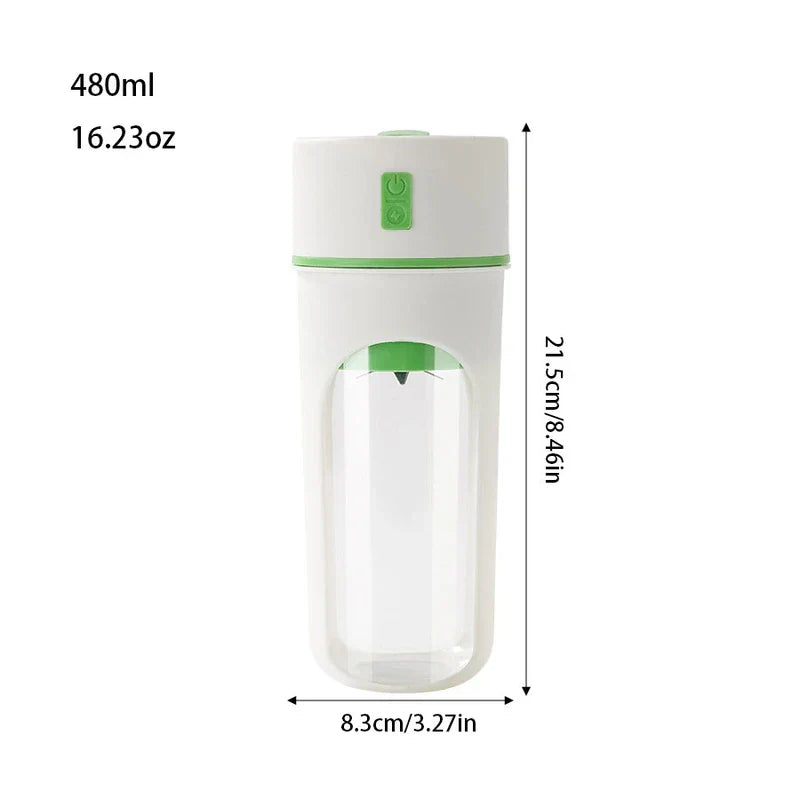 Juicer Extractor Machine - White and green portable blender with capacity and dimension labels against a white background.