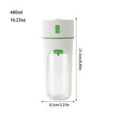 Juicer Extractor Machine - White and green portable blender with capacity and dimension labels against a white background.