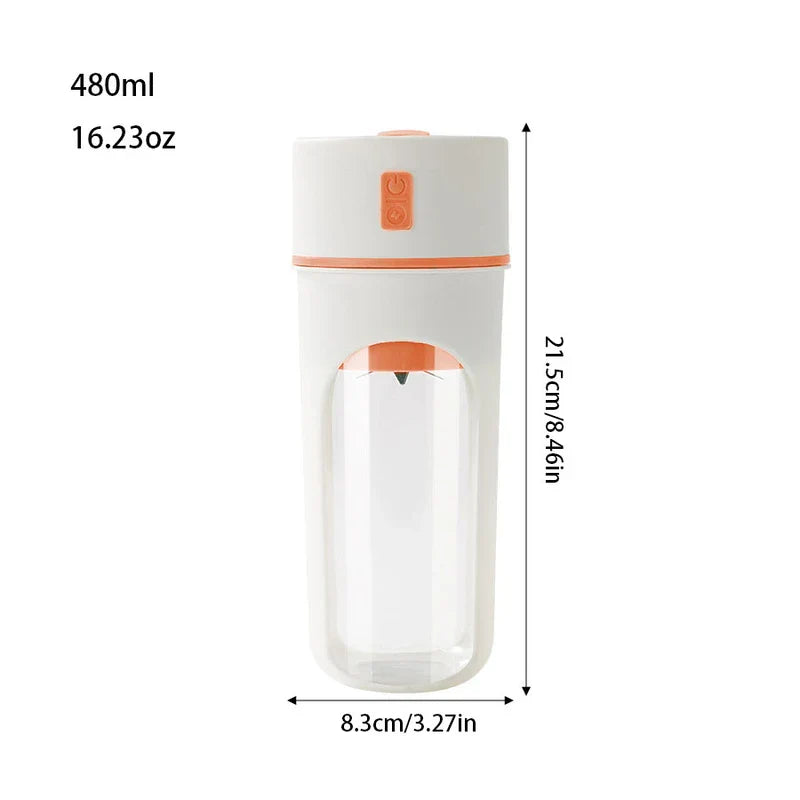 Juicer Extractor Machine - White and orange portable blender with capacity and dimensions marked on white background
