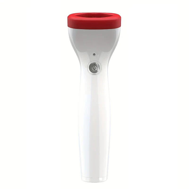 Electric Lip Plumper Enhancer Device - Front view of handheld lip plumping tool with white body, red soft tip, single metal control button and small indicator light