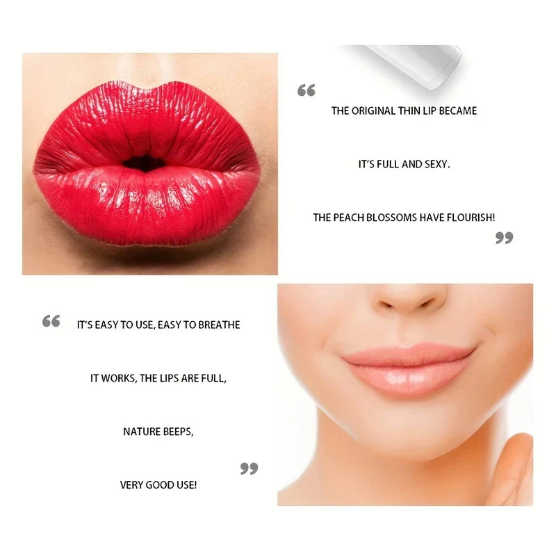 Electric Lip Plumper Enhancer Device - Before and after comparison graphic showing natural lips and fuller red lips alongside user feedback quotes