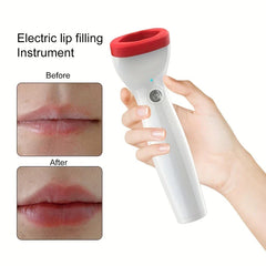 Electric Lip Plumper Enhancer Device - Hand holding a white handheld device with a red top, beside two labeled before/after close-ups of lips.