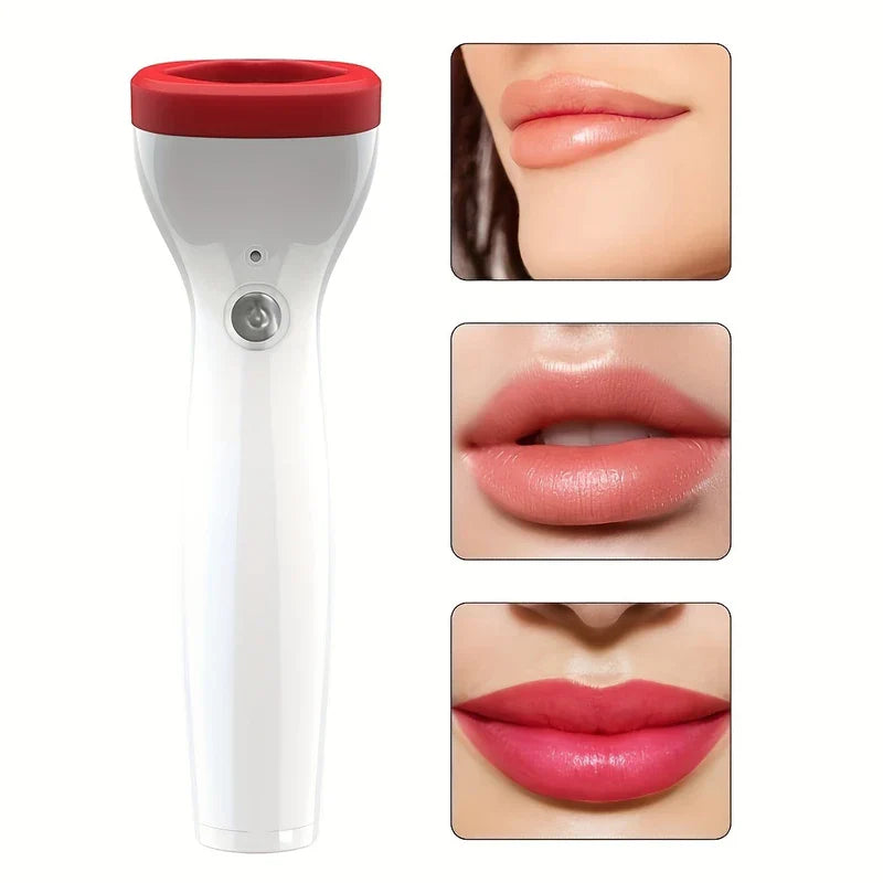 Electric Lip Plumper Enhancer Device - Handheld electric lip plumper device beside three closeup photos showing different lip appearance results