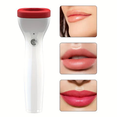 Electric Lip Plumper Enhancer Device - Handheld electric lip plumper device beside three closeup photos showing different lip appearance results