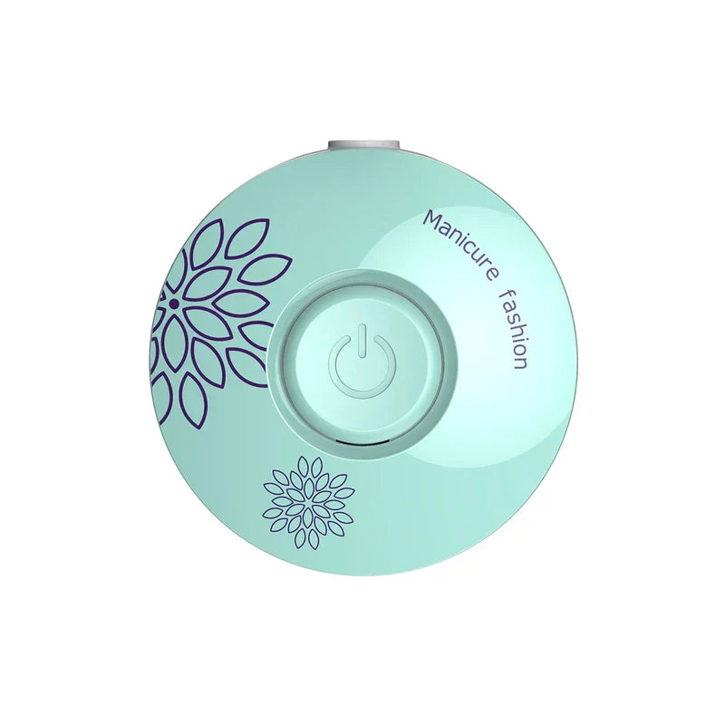 Manicure Pedicure Kit - Mint green round electric nail tool base with power button and purple floral decals, top view