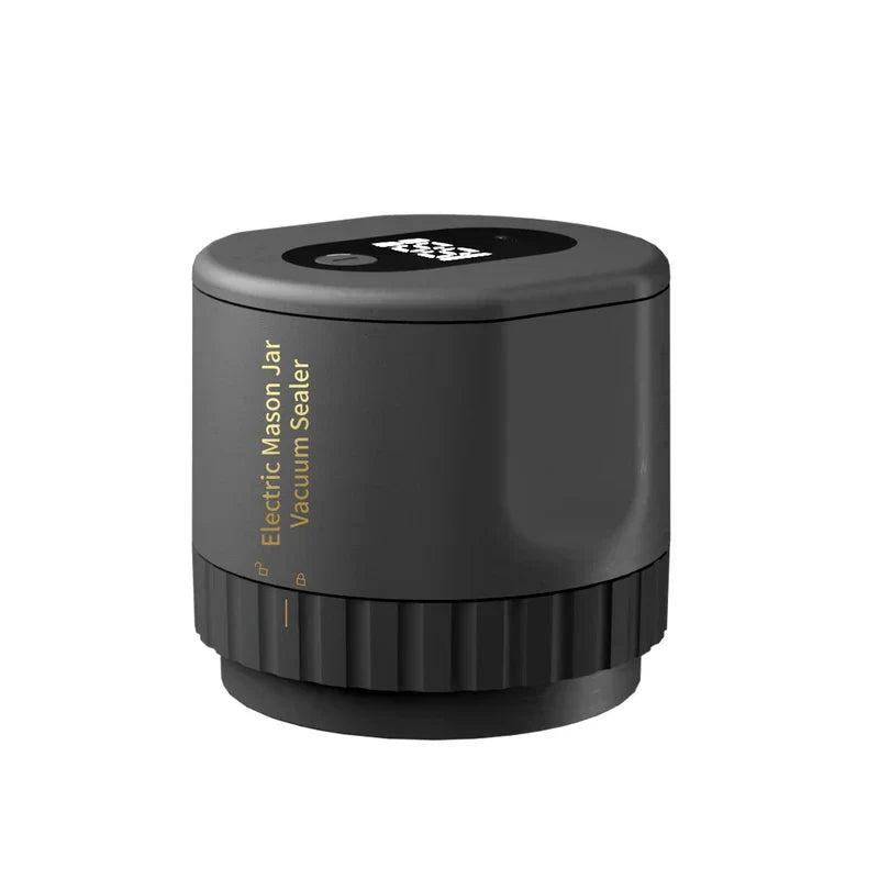 Compact matte gray electric mason jar vacuum sealer with gold side text on a white background.