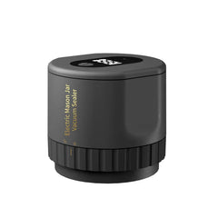 Compact matte gray electric mason jar vacuum sealer with gold side text on a white background.