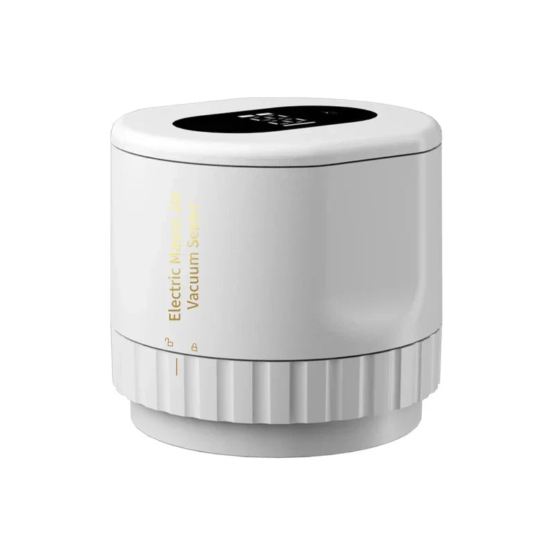 White mason jar vacuum sealer with a top digital display and vertical gold text on its side.