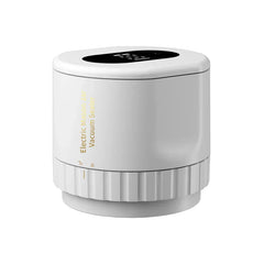 White mason jar vacuum sealer with a top digital display and vertical gold text on its side.