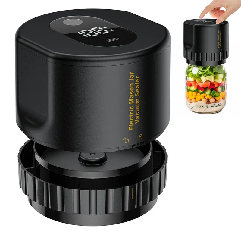A black mason jar vacuum sealer, shown close up and on a glass jar of layered food held by a hand.