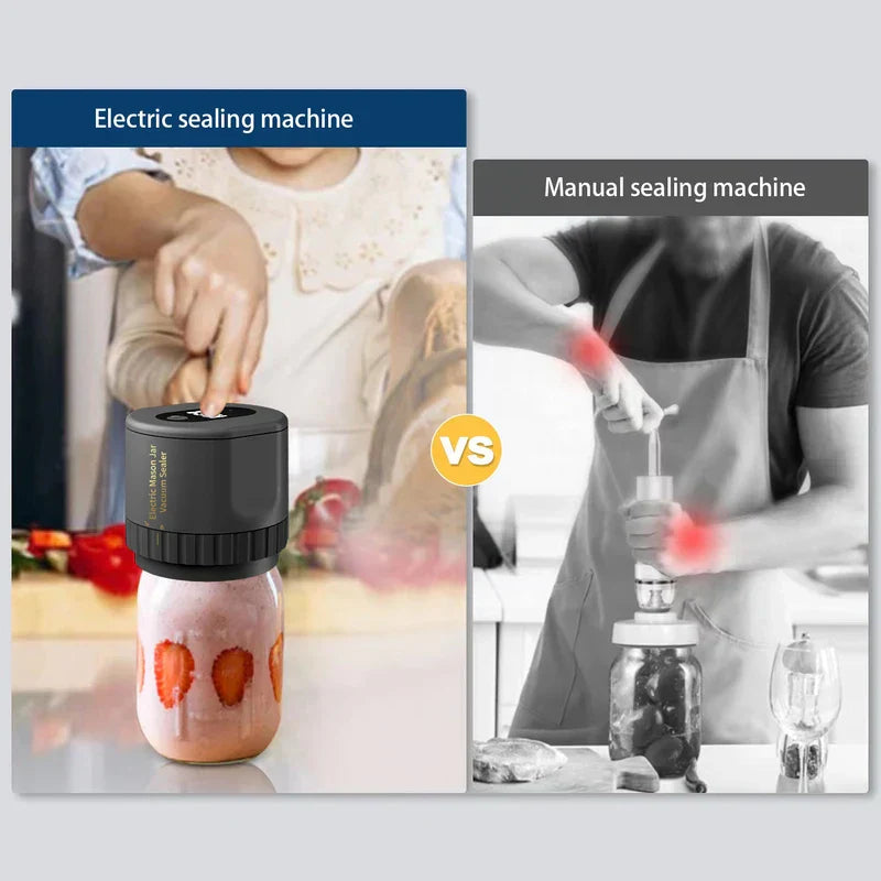 Comparison graphic: left shows an electric mason jar vacuum sealer on a jar, right shows a manual sealing tool with highlighted wrist pain.
