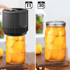 Black mason jar vacuum sealer on a jar of yellow fruit beside a sealed jar of yellow fruit with date labels