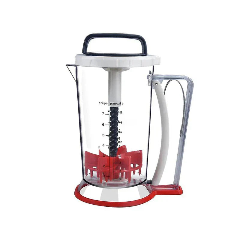 Electric Meat Grinder - Clear plastic batter dispenser with measurement markings, red mixing mechanism, white lid with top handle, and side dispensing lever