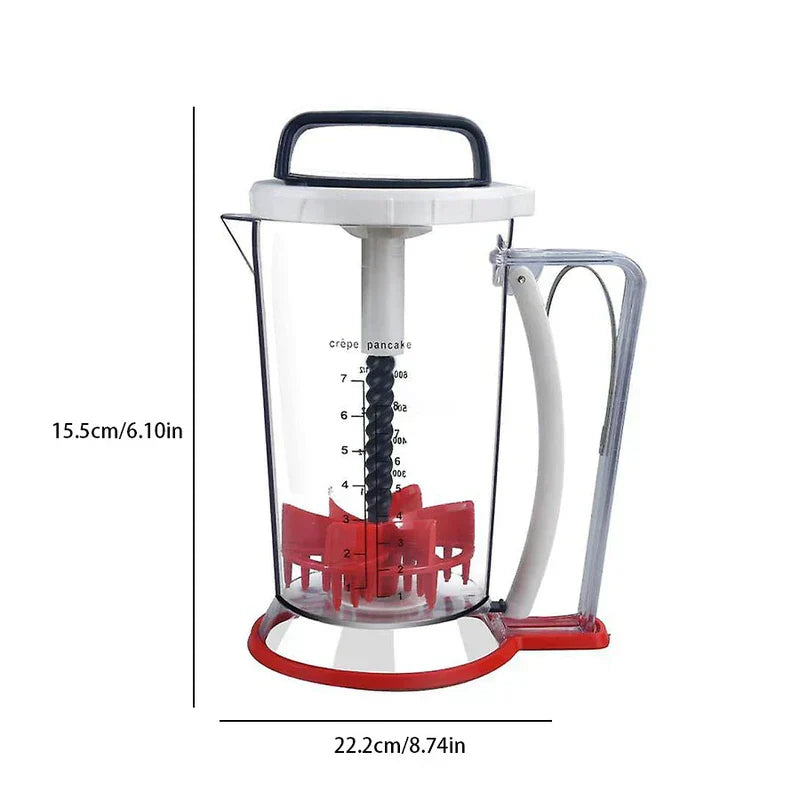 Electric Meat Grinder - Manual batter dispenser with clear marked body, showing internal mixing parts, with height and width dimension labels