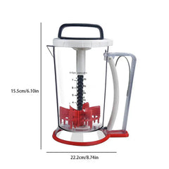 Electric Meat Grinder - Manual batter dispenser with clear marked body, showing internal mixing parts, with height and width dimension labels