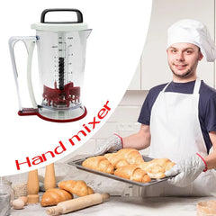 Electric Meat Grinder - Kitchen mixing dispenser displayed next to a home baker holding a tray of fresh baked croissants