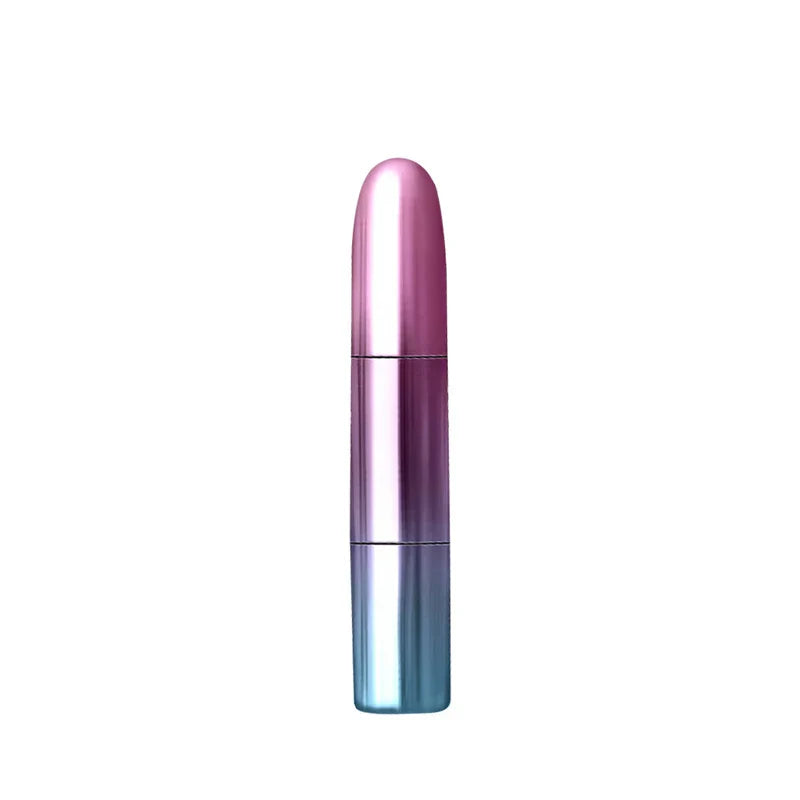 Gradient pink to blue metallic cylindrical pen-shaped product on a white background.