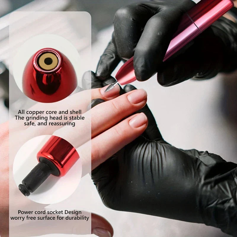 A hand wearing black gloves uses an electric nail drill on a person’s fingernails, with two detail insets on the left