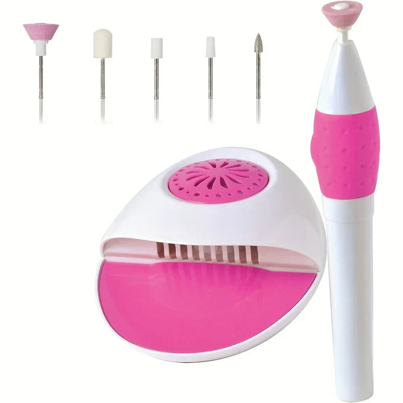 Electric Nail Drill - A pink and white nail drill set, including pen-shaped tool, five drill bits, and a dome-shaped nail dryer, on a white background.