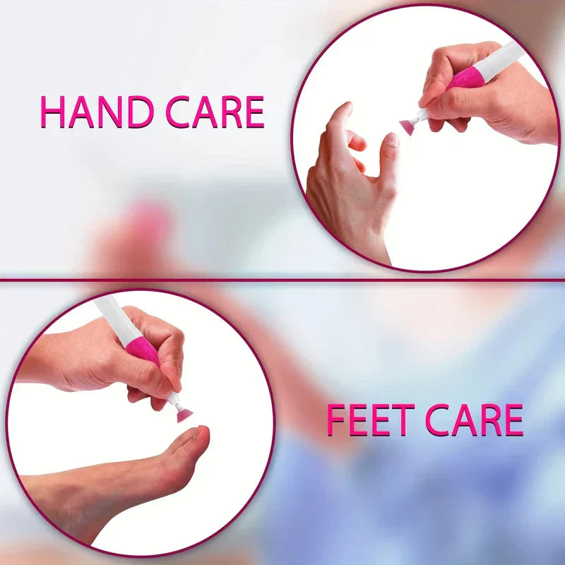 Electric Nail Drill - Split diagram showing pen-shaped nail tool used on a fingernail labeled Hand Care and a toenail labeled Feet Care