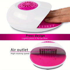 Electric Nail Drill - Two-view diagram of the drying unit showing press-activated airflow design and internal high-speed air outlet