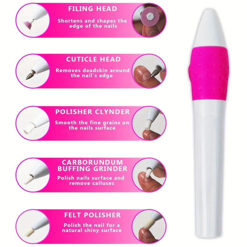 Electric Nail Drill - List of five interchangeable heads for a pen-shaped nail tool, showing each head and its use on a nail