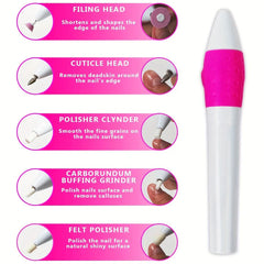 Electric Nail Drill - List of five interchangeable heads for a pen-shaped nail tool, showing each head and its use on a nail
