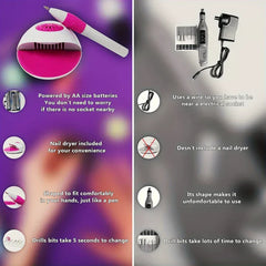 Electric Nail Drill - Split comparison graphic of two nail drill sets with listed feature differences, set against purple and gray backgrounds.