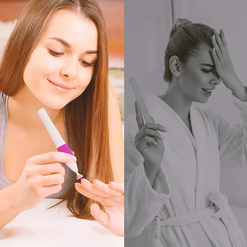 Electric Nail Drill - Side-by-side images: a woman smiling using an electric nail file on colored left, a woman holding a manual nail file in grayscale on right.