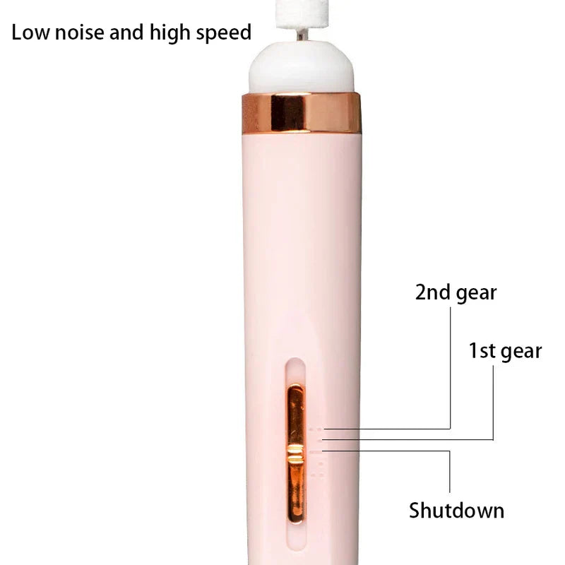 Electric Nail Grinder - Close-up of the pink nail drill pen showing a sliding switch marked Shutdown, 1st gear, 2nd gear, with low noise and high speed text