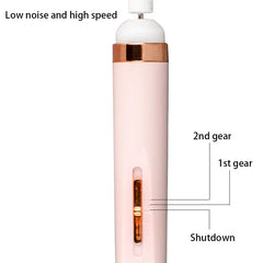 Electric Nail Grinder - Close-up of the pink nail drill pen showing a sliding switch marked Shutdown, 1st gear, 2nd gear, with low noise and high speed text