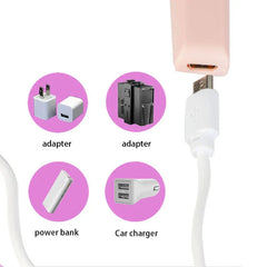 Electric Nail Grinder - Pink nail drill pen plugged in with a USB charging cable, showing compatible charging sources: adapters, power bank, car charger