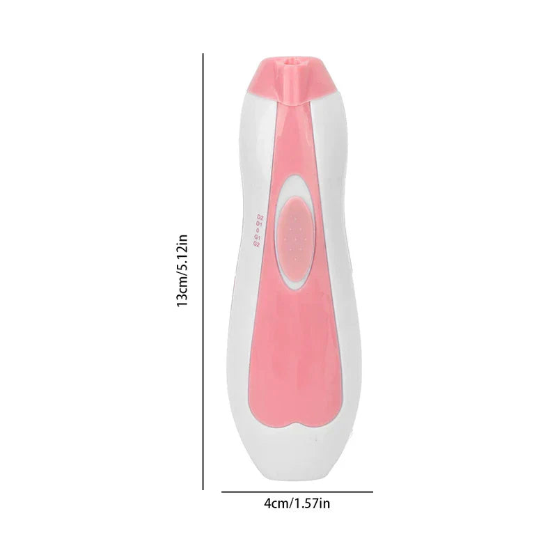 Elektrische Nagelfeile - Rosa-weißer elektrischer Baby-Nageltrimmer mit Maßangaben vor weißem Hintergrund