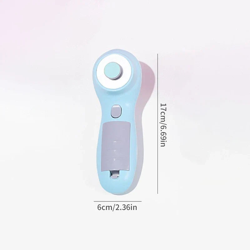 Electric Nail File - Light blue electric nail trimmer shown from overhead, with length 17cm and width 6cm labeled against a white background.