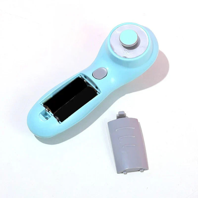 Electric Nail File - Light blue electric nail grinder with battery compartment open, batteries inserted, cover placed beside it