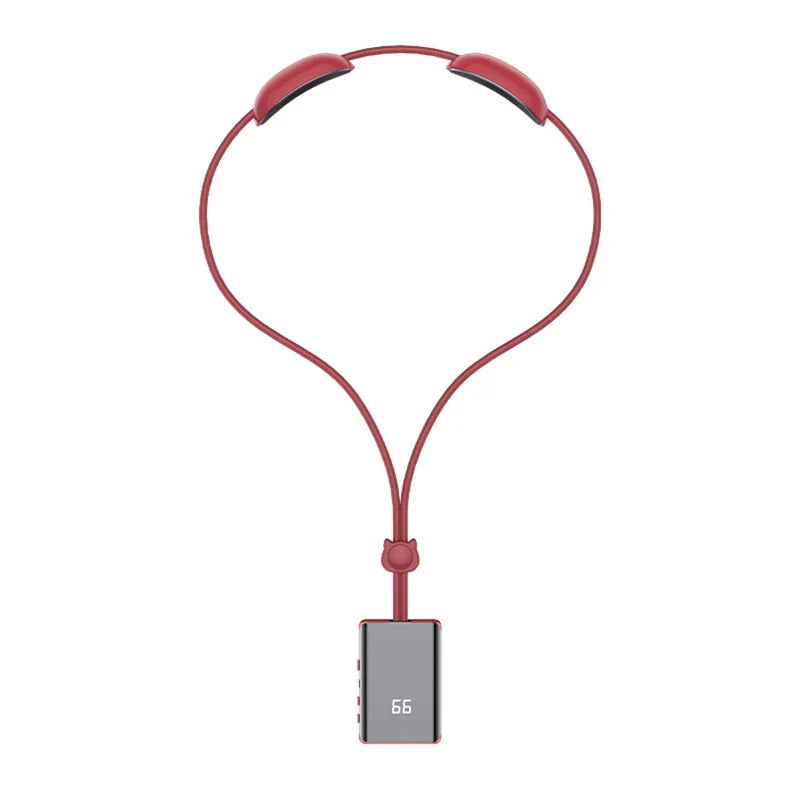 Electric Neck Massager - Full view of a red corded neck-worn device with a rectangular control module showing '66'