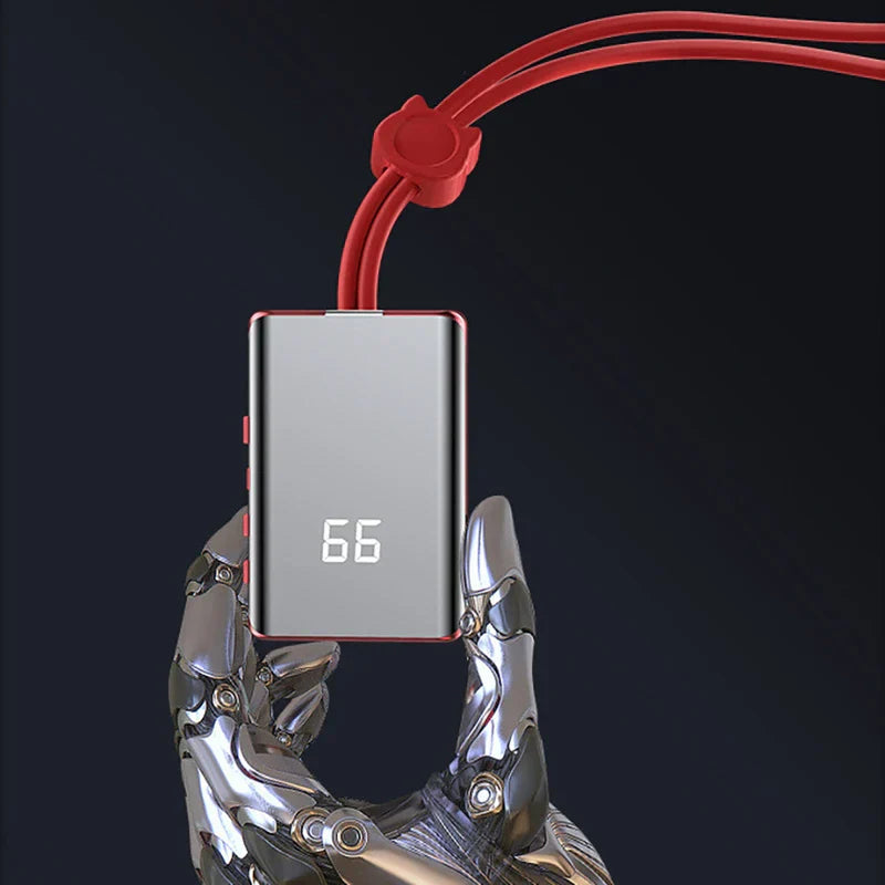 Masajeador de cuello eléctrico: dedos robóticos metálicos sosteniendo el módulo de control rectangular con bordes rojos que muestra '66'