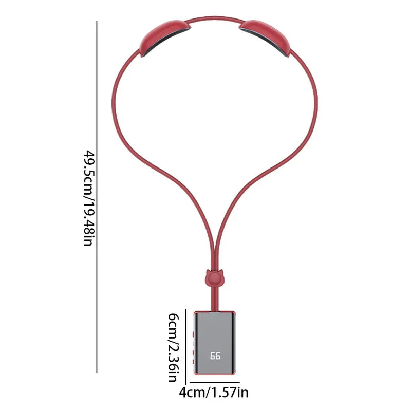 Electric Neck Massager - Red hanging neck massager with control unit, shown with measurement dimensions marked on a plain white background.