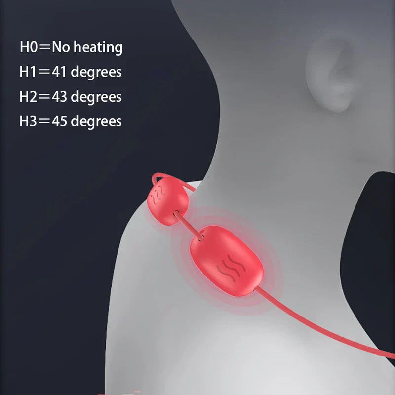Electric Neck Massager - Diagram showing heating pad placement on neck and shoulder, with listed heating temperature levels H0 through H3.