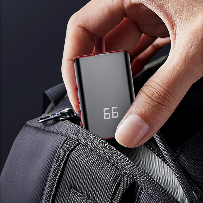 Electric Neck Massager - Hand taking the same red and silver rectangular device with '66' on its face out of a black fabric bag