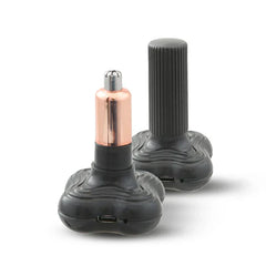 Two electric nose ear hair trimmers, one with exposed rose gold trimmer head and one with ribbed cap, on white background