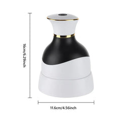 Appareil portatif blanc et noir avec accents dorés, hauteur 16 cm, largeur 11,6 cm, sur fond blanc.